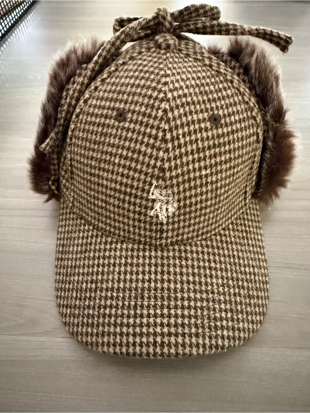 NWT U.S. Polo Assn Houndstooth Faux Fur Trapper Ear Flap Hat